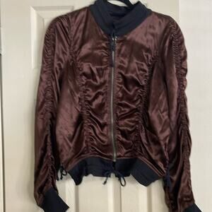 Jacket choc brown zip front long sleeves shirred body & sleeves Darling ties